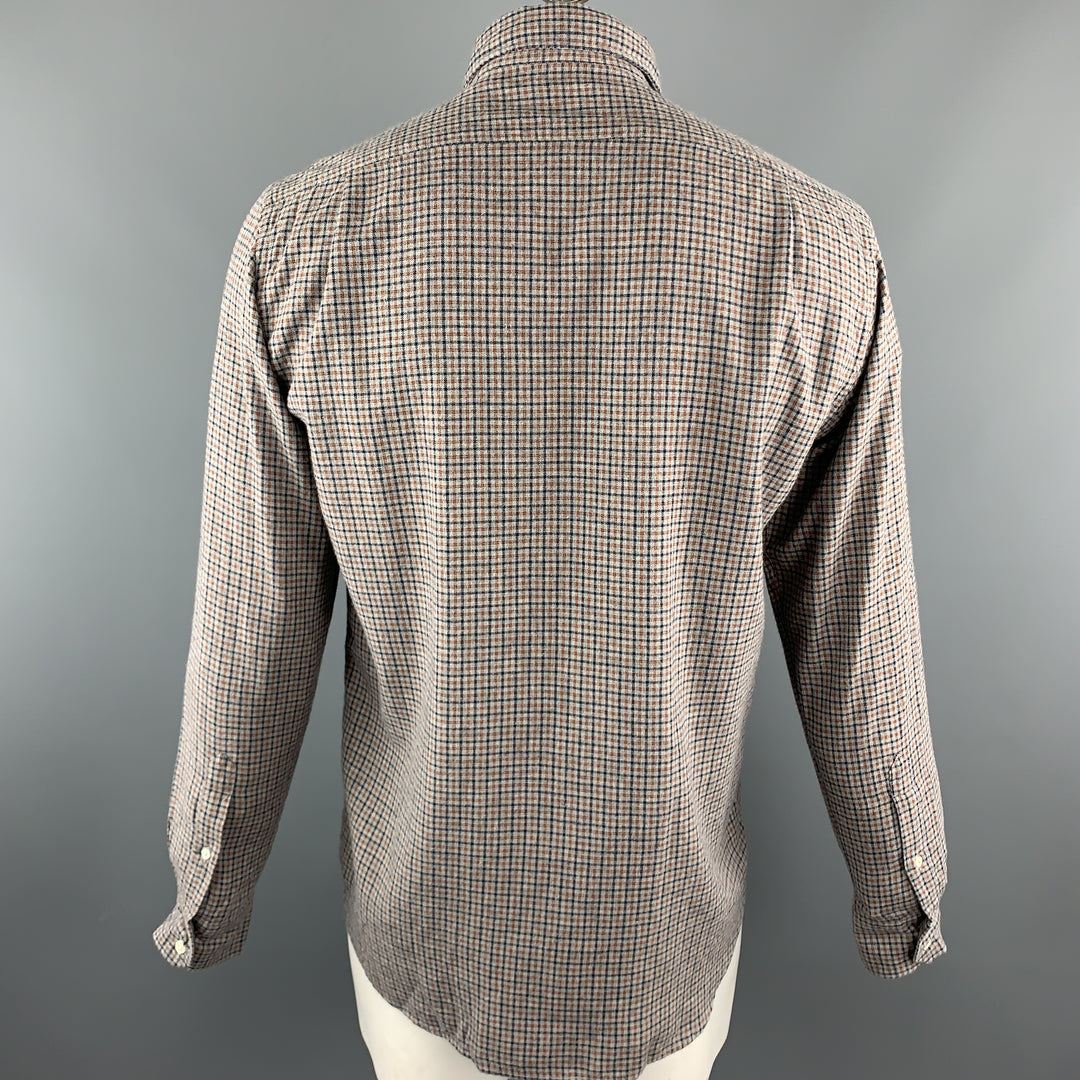 HARTFORD Size L Grey & Orange Plaid Cotton Button Up Long Sleeve Shirt