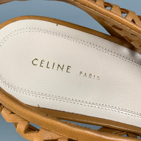 CELINE Size 8 Tan Woven Leather Slingback Pumps