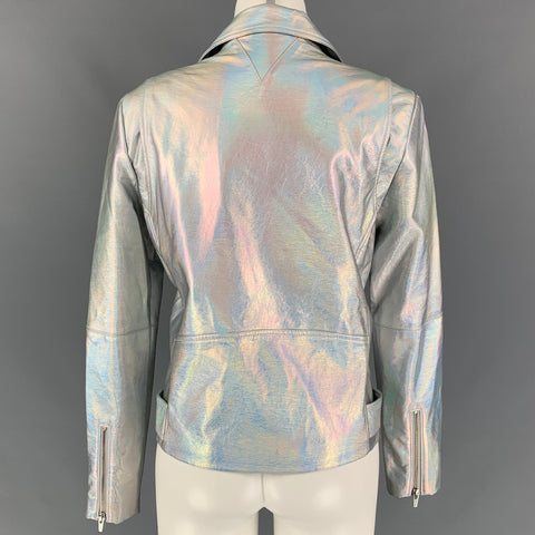 VEDA Taille L Veste motard en polyuréthane irisé argenté