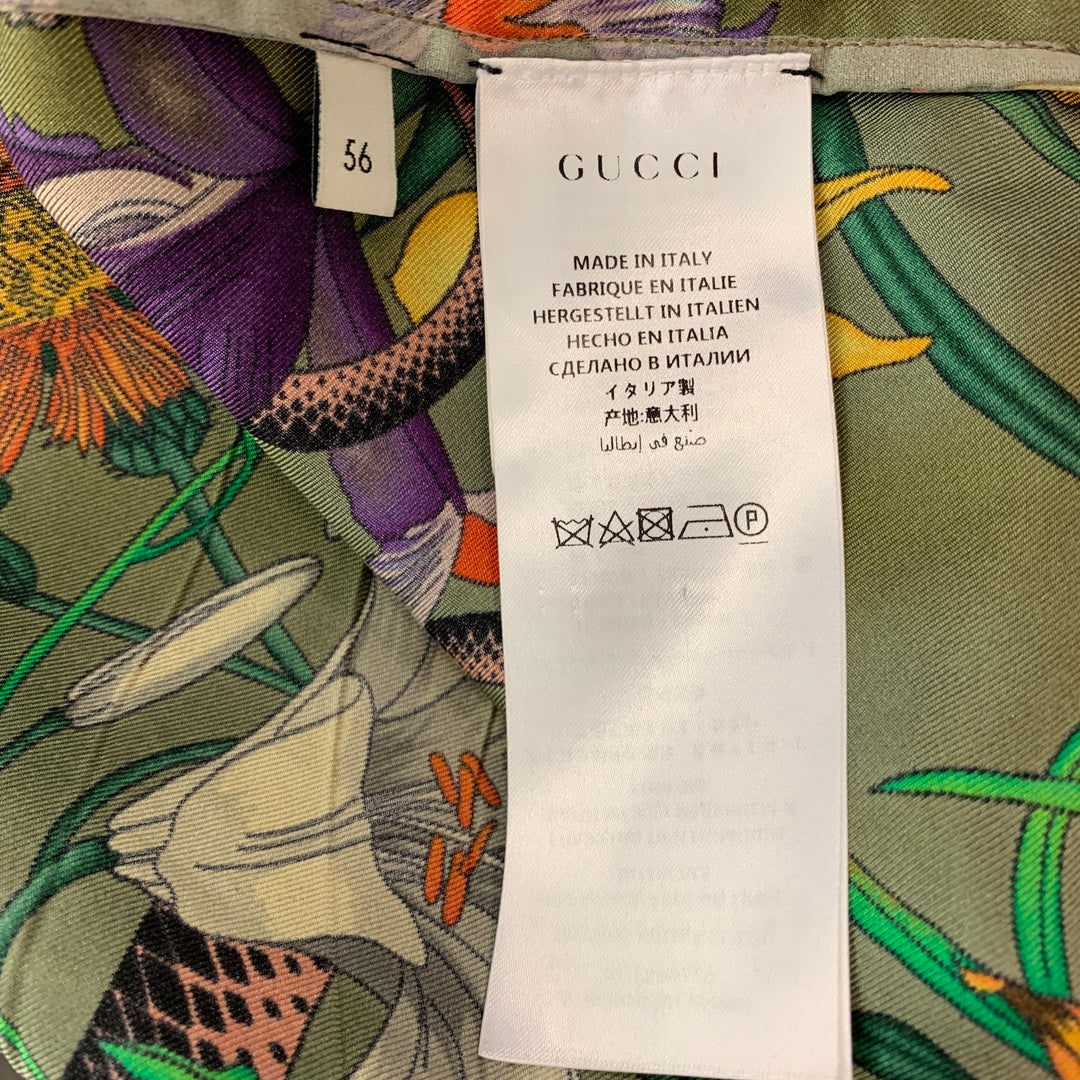 GUCCI Talla XXL Camisa de manga corta Campamento de seda con estampado multicolor verde