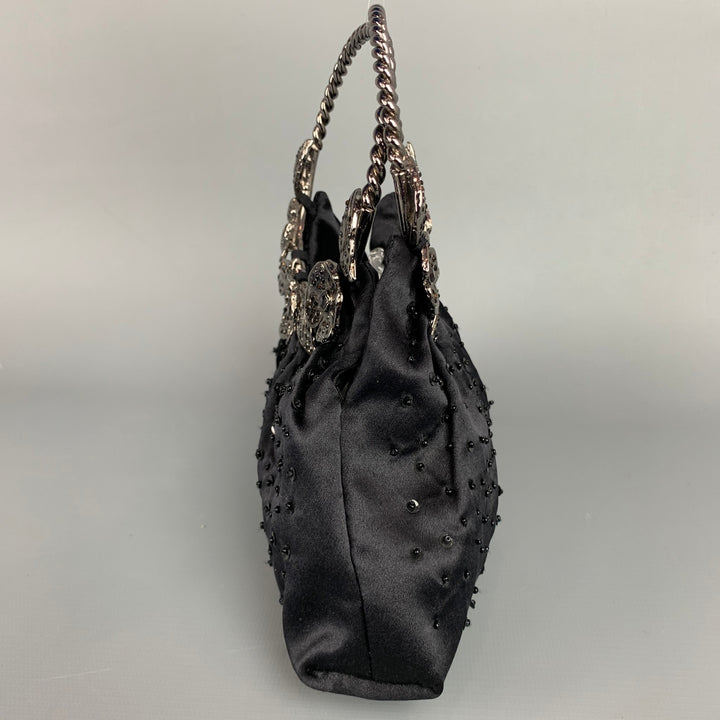 BADGLEY MISCHKA Black & Silver Beaded Satin Evening Handbag