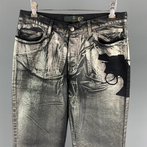 JUST CAVALLI Talla 30 Vaqueros tipo pistola de mezclilla pintados metalizados en negro y plata