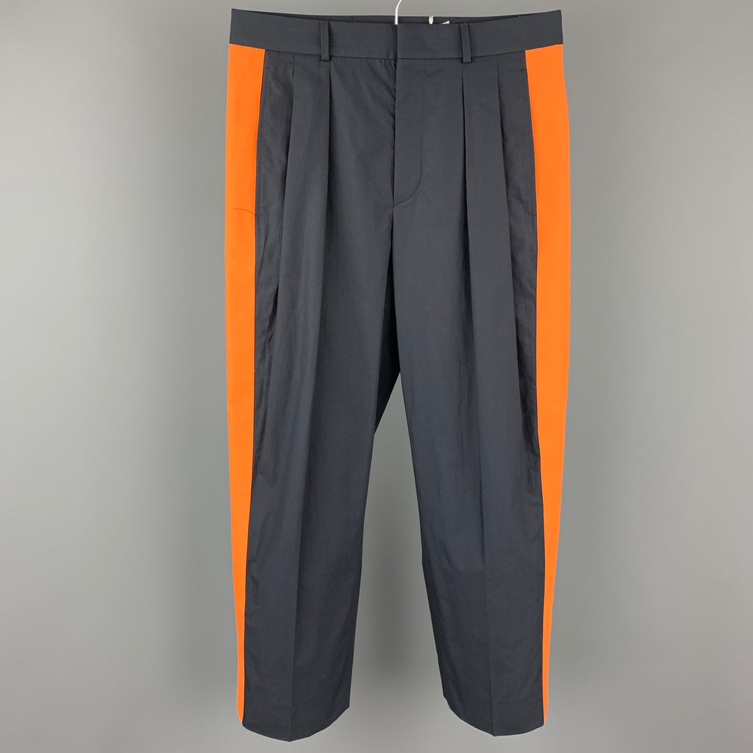 VALENTINO Size 30 Navy & Orange Color Block Cotton Pleated Dress Pants