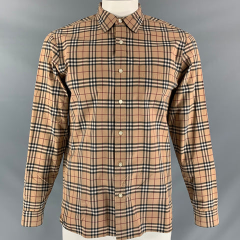 BURBERRY LONDON Size XL Tan Multicolour Plaid Cotton Long Sleeve Shirt
