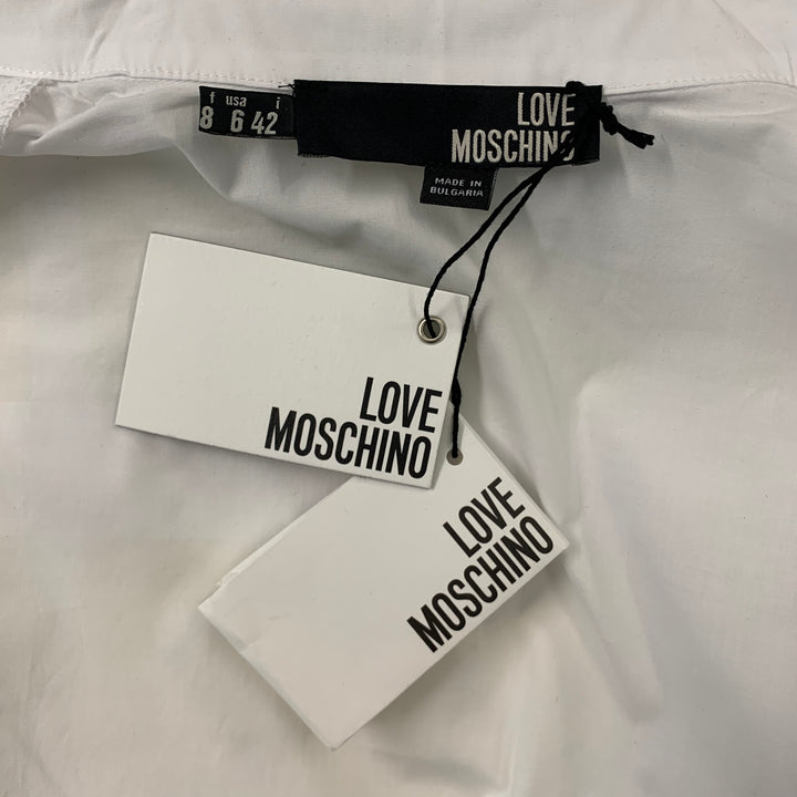 LOVE MOSCHINO Size 6 White Cotton / Elastane Buttoned Tie-belt Beads Blouse