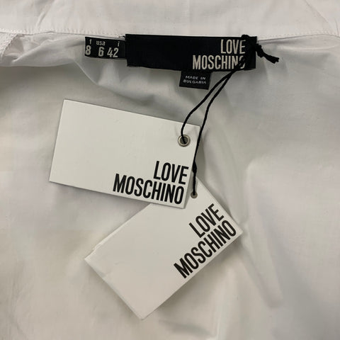 LOVE MOSCHINO Size 6 White Cotton / Elastane Buttoned Tie-belt Beads Blouse