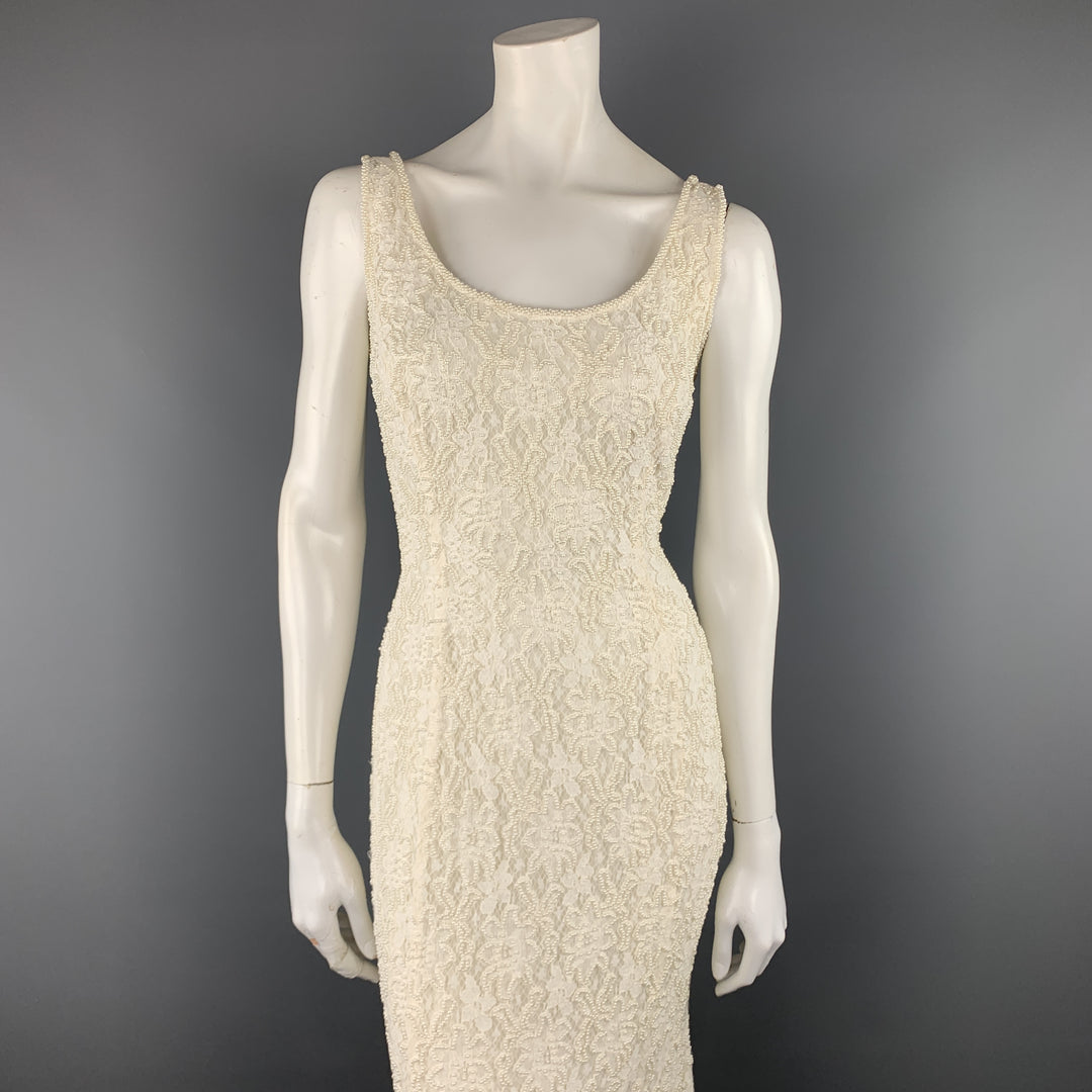 CARMEN MARC VALVO Size 4 Cream Beaded Lace Overlay Sleeveless Gown Sui Generis Designer Consignment CARMEN MARC VALVO Size 4 Cream Beaded Lace Overlay Sleeveless Gown Sui Generis Designer Consignment