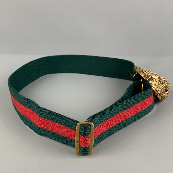 GUCCI Green Red Gold Stripe Fabric Brass Feline Head Belt