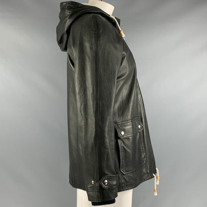 BAND OF OUTSIDERS Size L Black Leather Hooded Jacket