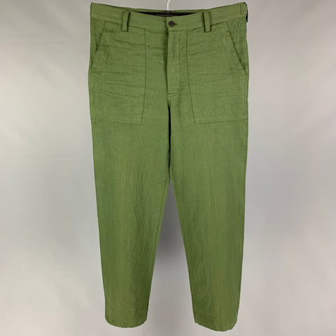 VISVIM Talla L Pantalones Alda de mezcla de lino verde oliva con cremallera y bragueta