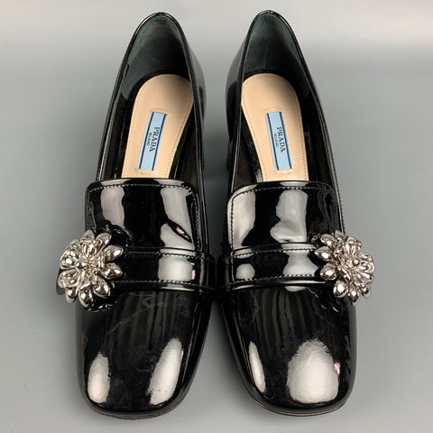 PRADA Size 7.5 Black & Silver Patent Leather Vernice Pumps