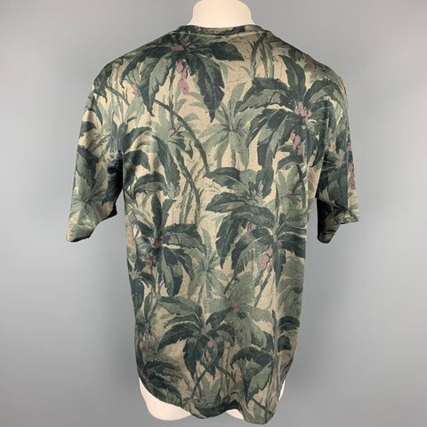 DRIES VAN NOTEN Size XL Olive Print Cotton Crew-Neck T-shirt