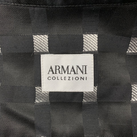 ARMANI COLLEZIONI Size XL Black & Silver Checkered Cotton / Viscose Nehru Collar Long Sleeve Shirt
