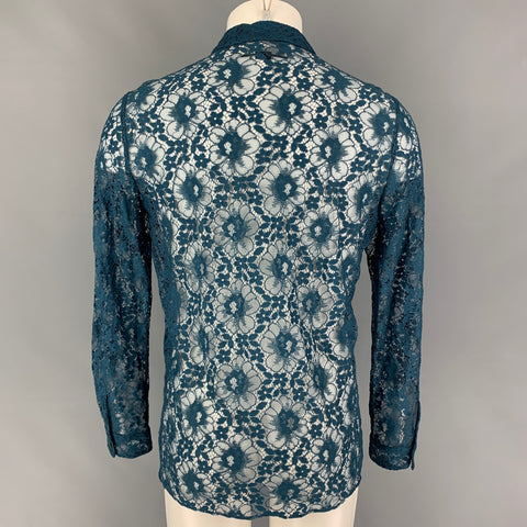 GUCCI SS 16 Size L Teal Lace Polyamide Cotton Button Up Long Sleeve Shirt