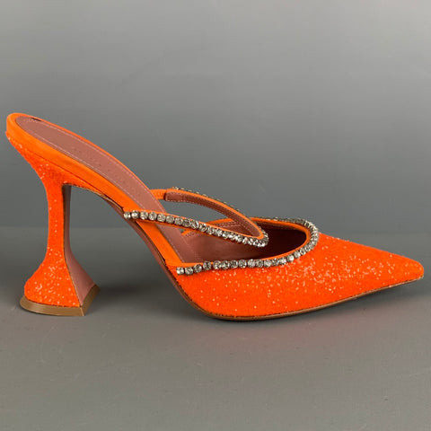 AMINA MUADDI Zapatos de tacón tipo mulas con purpurina plateada naranja talla 8