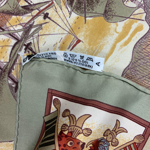 HERMES Brown Cream Taupe Silk Les Ameriques Scarf