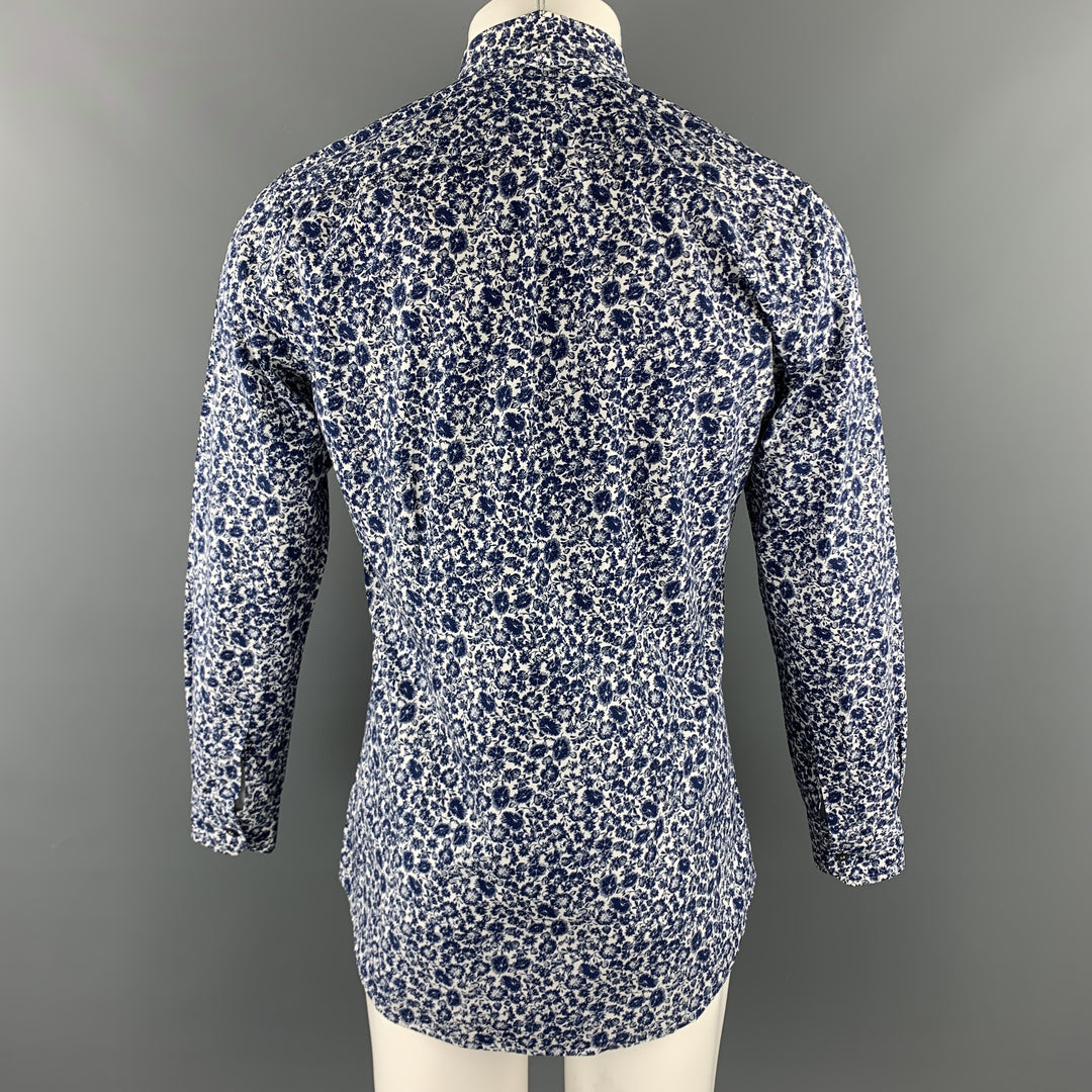 PAUL SMITH Taille S Chemise à manches longues boutonnée en coton floral bleu marine et blanc