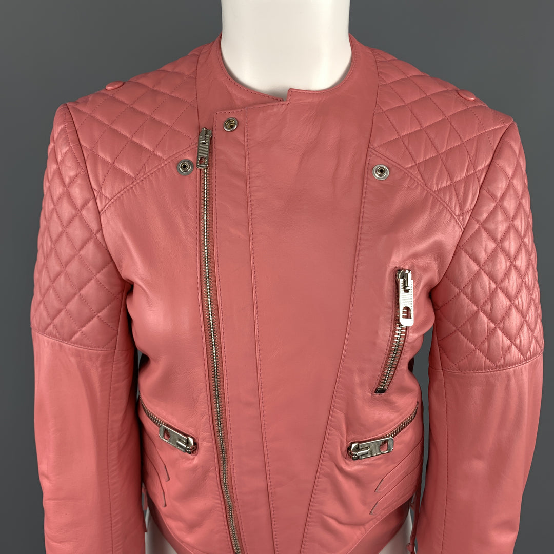 BALENCIAGA Size 6 Pink Quilted Leather Moto Biker Jacket