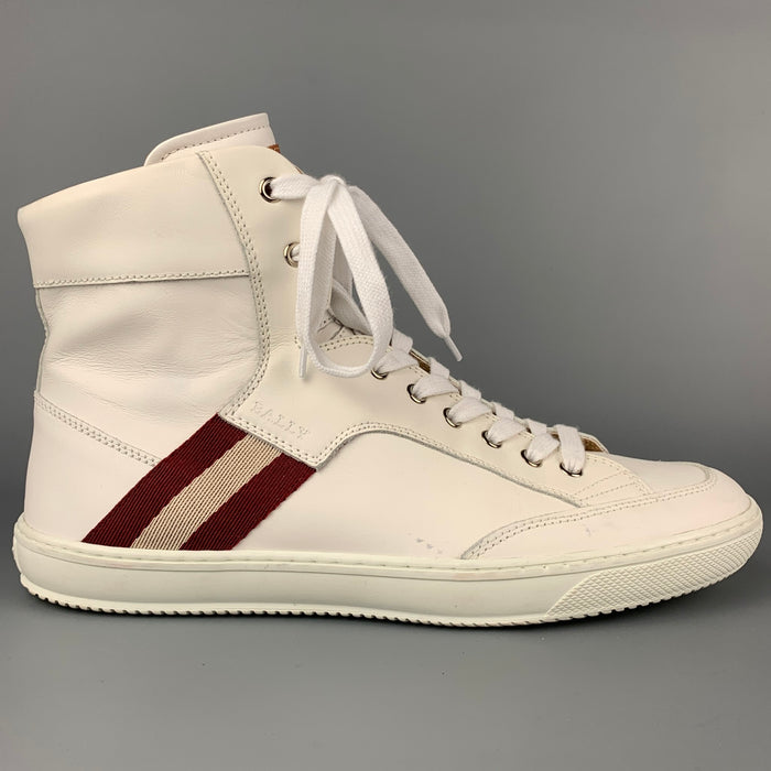 BALLY Size 9 White & Burgundy Stripe Leather High Top Sneakers