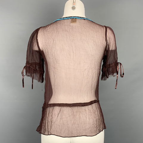ZOE Taille S Blouse en viscose en mousseline de soie turquoise perlée marron