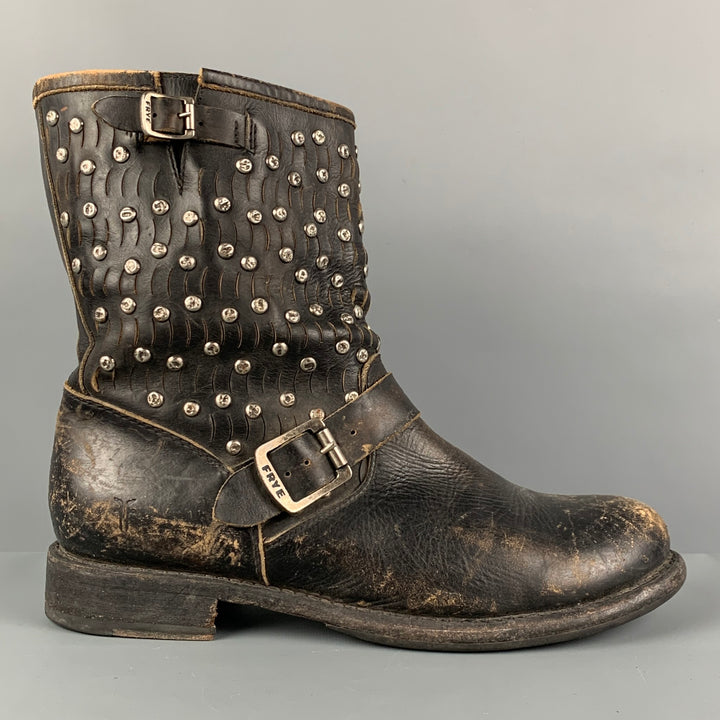 FRYE Size 11 Black Leather Distressed Studded Ankle Boots