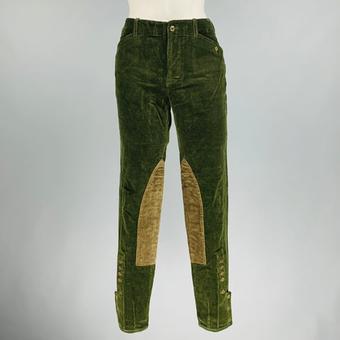 RALPH LAUREN Taille 8 Pantalon décontracté en coton élasthanne patchwork en daim vert olive