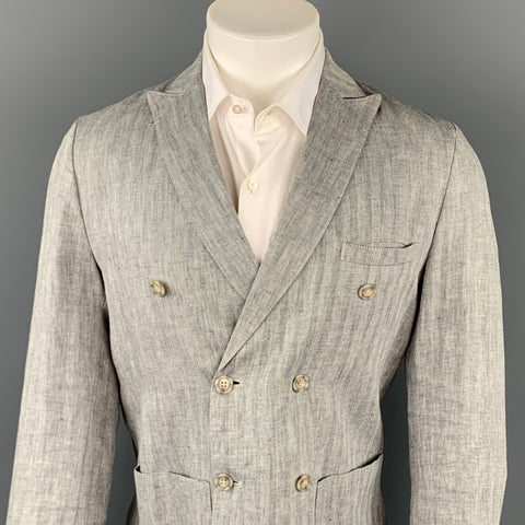MR.RICK TAILOR Size 40 Grey Herringbone Linen Double Breasted Sport Coat