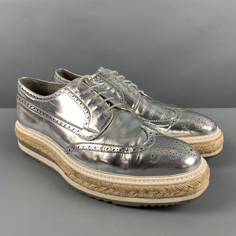 PRADA Size 10 Silver Perforated Leather Platform Lace-Up Shoes