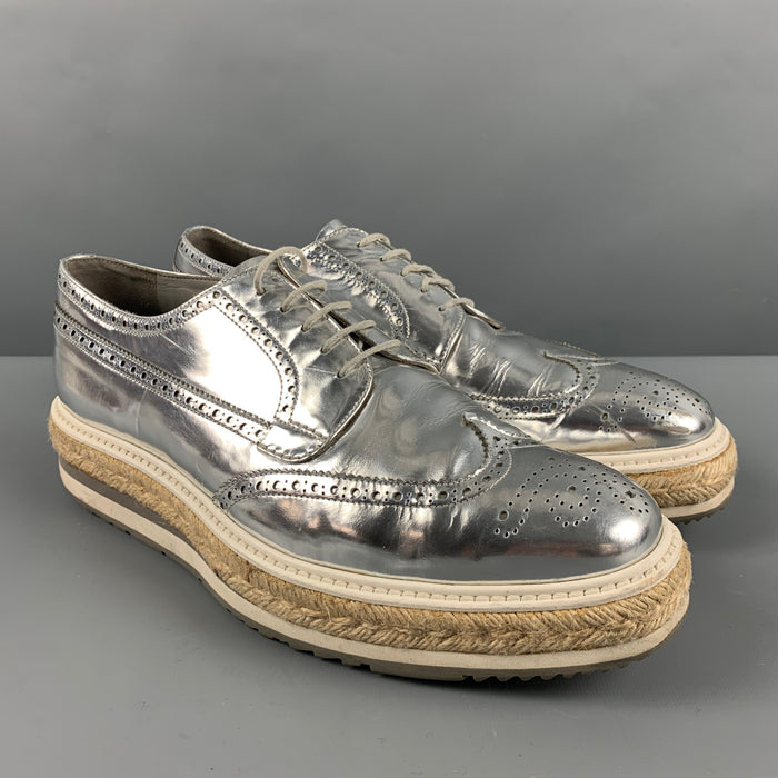 PRADA Size 10 Silver Perforated Leather Platform Lace-Up Shoes