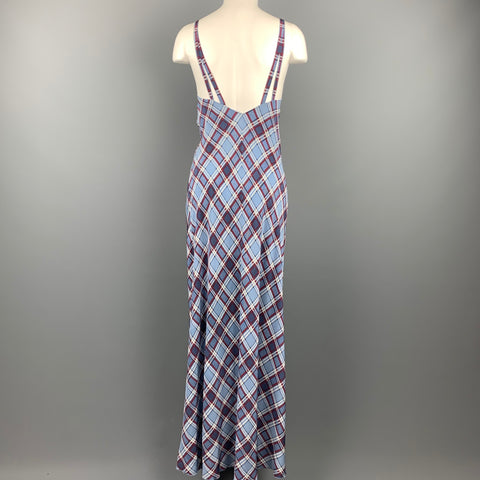 MARC JACOBS Size 8 Blue Plaid Silk Long Maxi Double Strap Dress