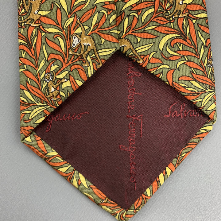 SALVATORE FERRAGAMO Olive Green & Orange Silk Monkey Print Tie