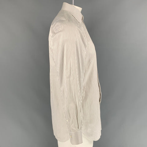 ERMENEGILDO ZEGNA Talla L Camisa de manga larga con botones de algodón a rayas blancas y marrones