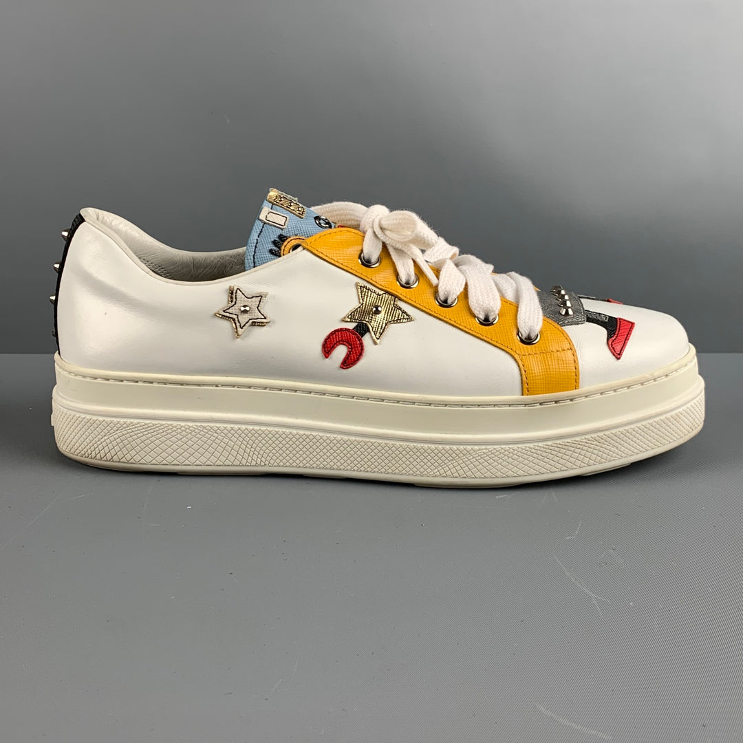 PRADA Size 10 White Multi-Color Leather Aplique Low Top Sneakers