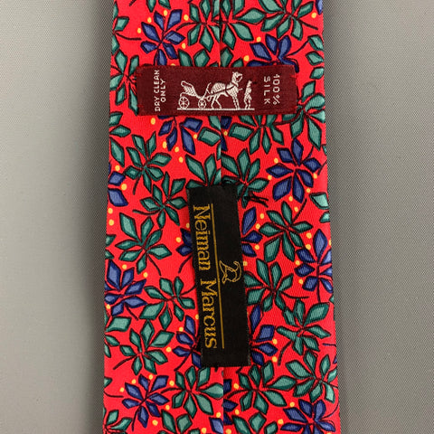 HERMES 7365 PA Cravate En Soie Imprimé Poinsettias Multicolores Rouges