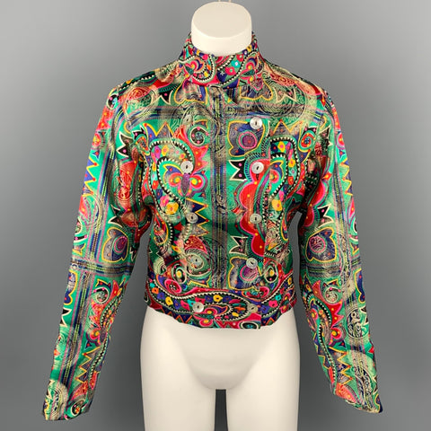 JOHN GALLIANO Taille 4 Veste à double boutonnage en mélange de soie abstraite brodée multicolore