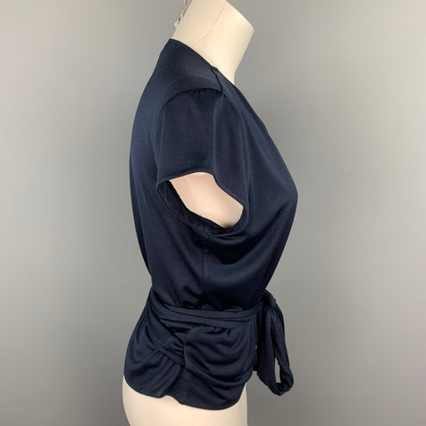 RALPH LAUREN Black Label Talla L Cárdigan de manga corta cruzado de seda de jersey azul marino