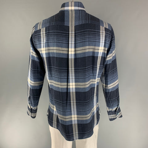 TOM FORD Size XL Navy Blue & White Plaid Cotton Flanel Long Sleeve Shirt
