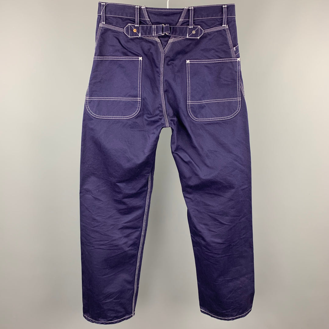 JUNYA WATANABE Talla M Pantalones casuales rectos de algodón con puntadas en contraste azul marino