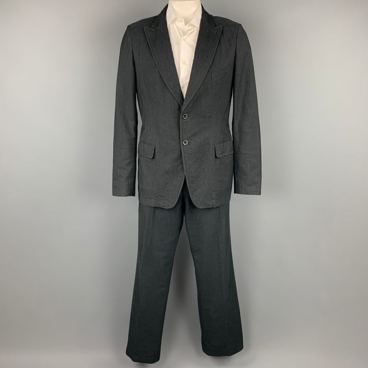 DRIES VAN NOTEN Size 44 Regular Charcoal Cotton / Wool Peak Lapel Suit