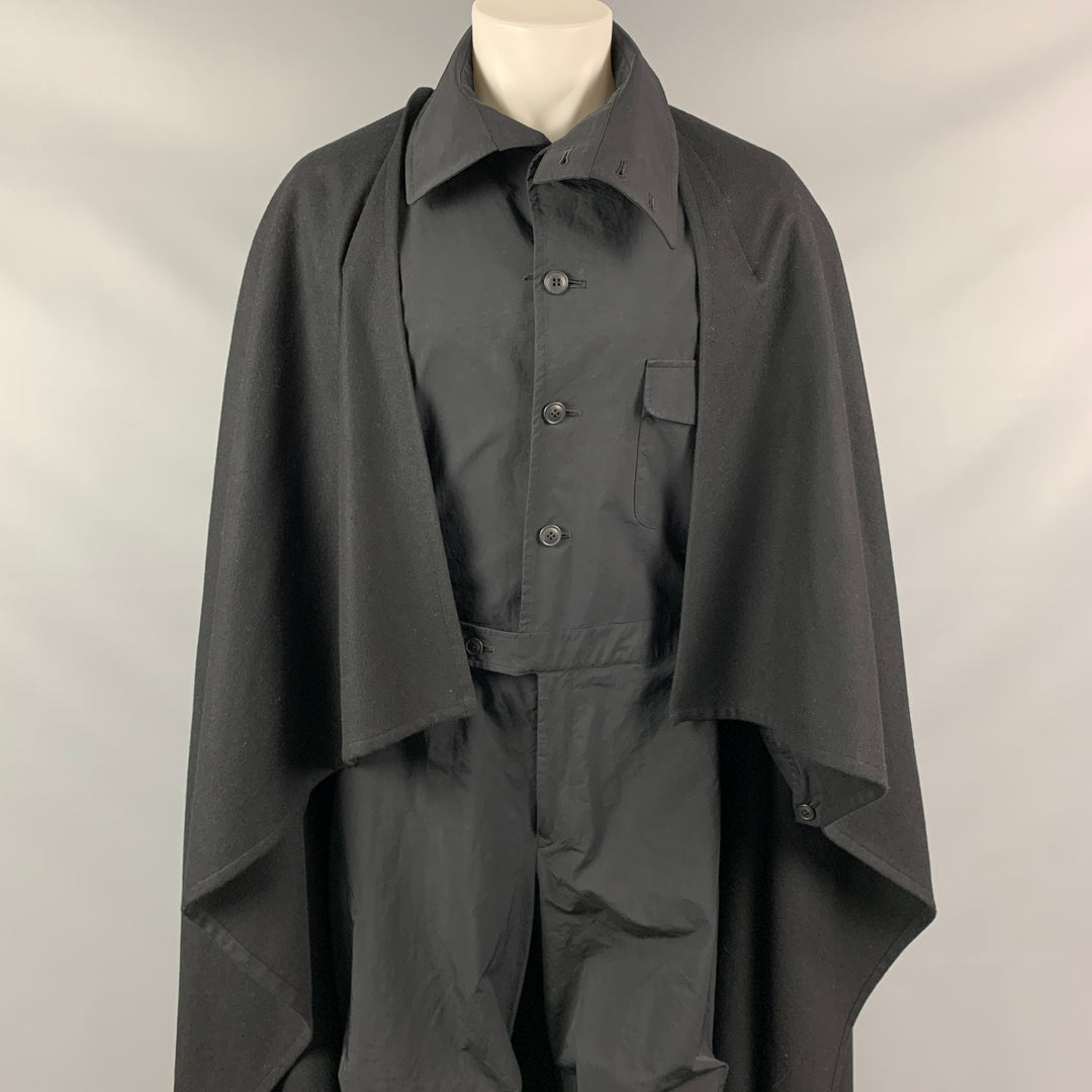 YOHJI YAMAMOTO POUR HOMME FW 17 Size S Black Polyester / Wool Flight Cape Jumpsuit Overalls