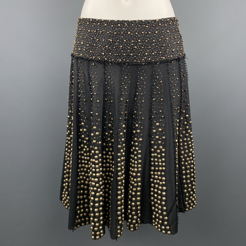 NAEEM KHAN Size 6 Black Gold Tone Metal Beaded Silk A Line Skirt