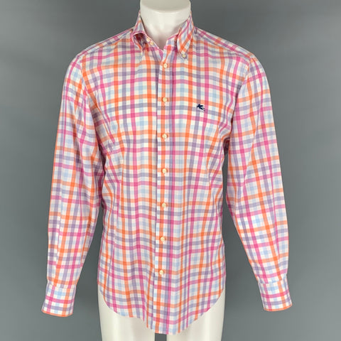 ETRO Size M Orange White Checkered Cotton Embroidered Long Sleeve Shirt