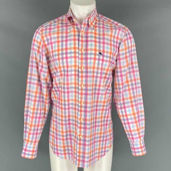 ETRO Size M Orange White Checkered Cotton Embroidered Long Sleeve Shirt