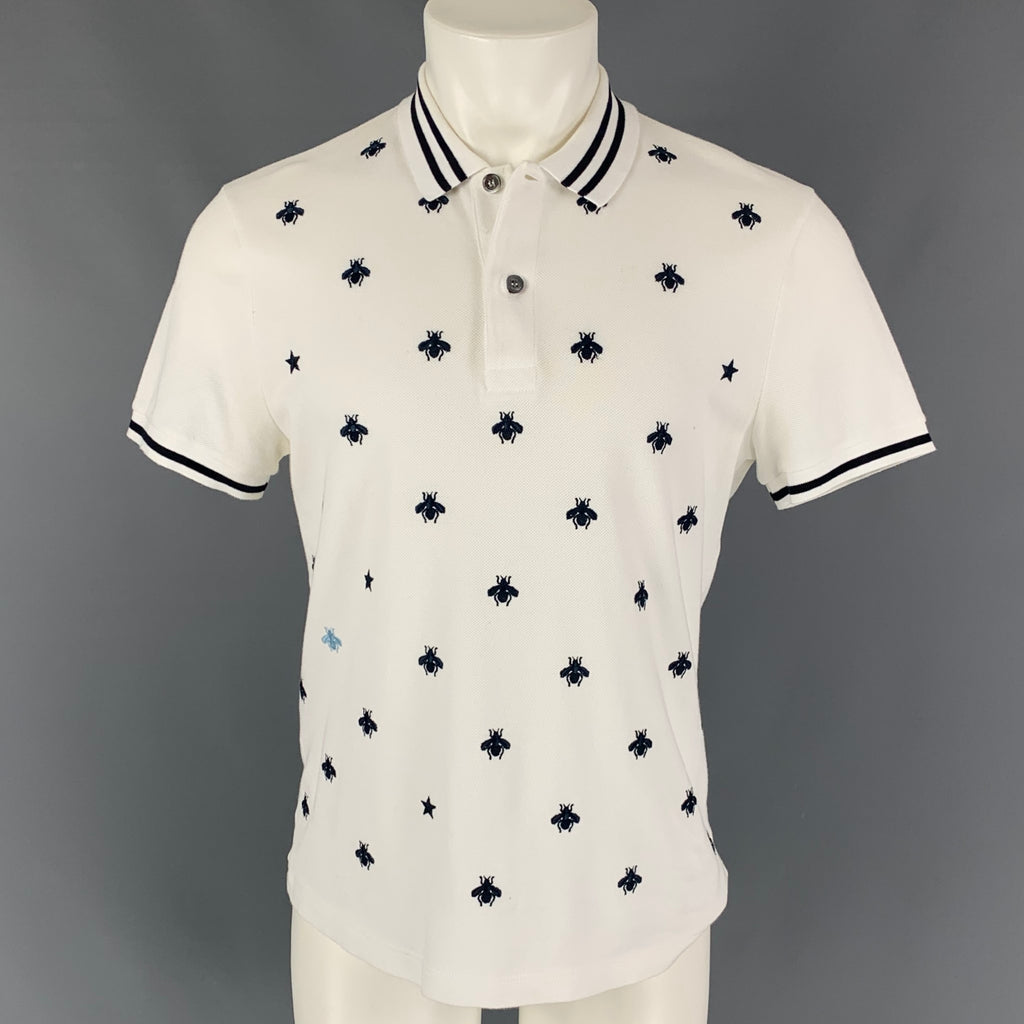 GUCCI Size M White Navy Bees Stars Embroidery Short Sleeve Polo Sui Generis Designer Consignment