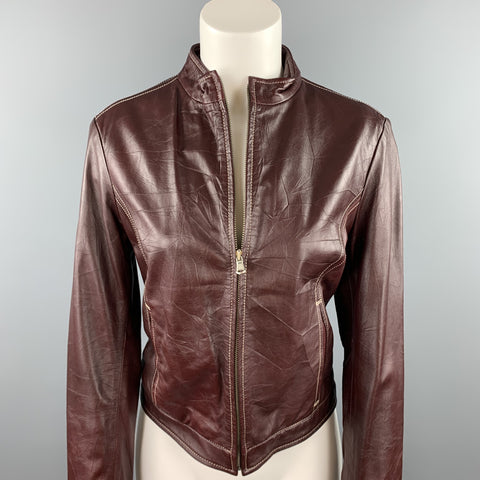 LOT78 Taille 8 Veste zippée en cuir à surpiqûres contrastées bordeaux
