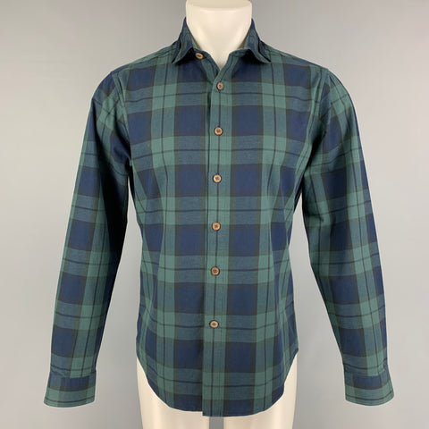 BENJAMIN BARKER Size L Forest Green Navy Blackwatch Plaid Long Sleeve Shirt