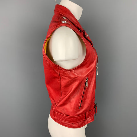 DSQUARED2 Size 40 Red Leather Zip Up Biker Vest