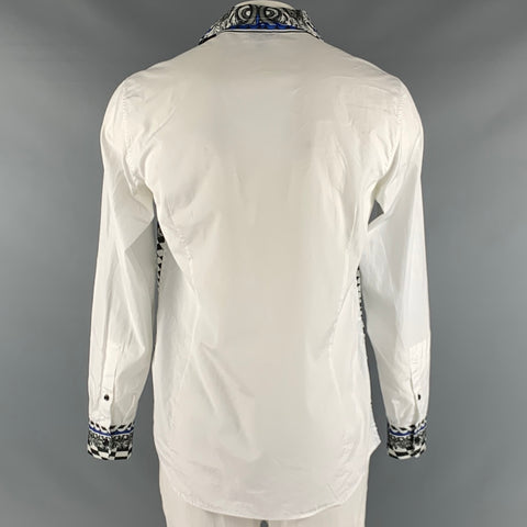 JUST CAVALLI Size L White Blue Black Snake Cotton Long Sleeve Shirt