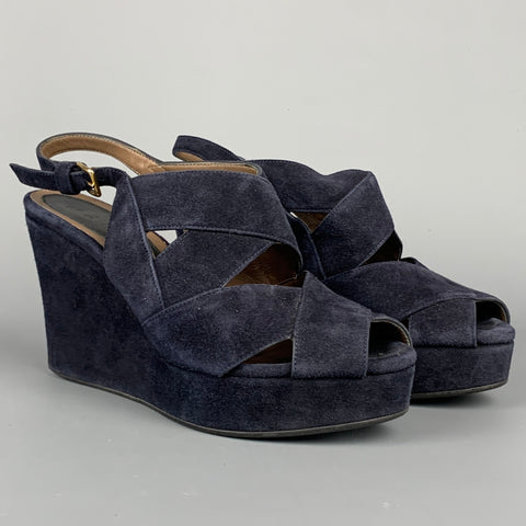 MARNI Size 6 Navy Suede Platform Wedge Sandals