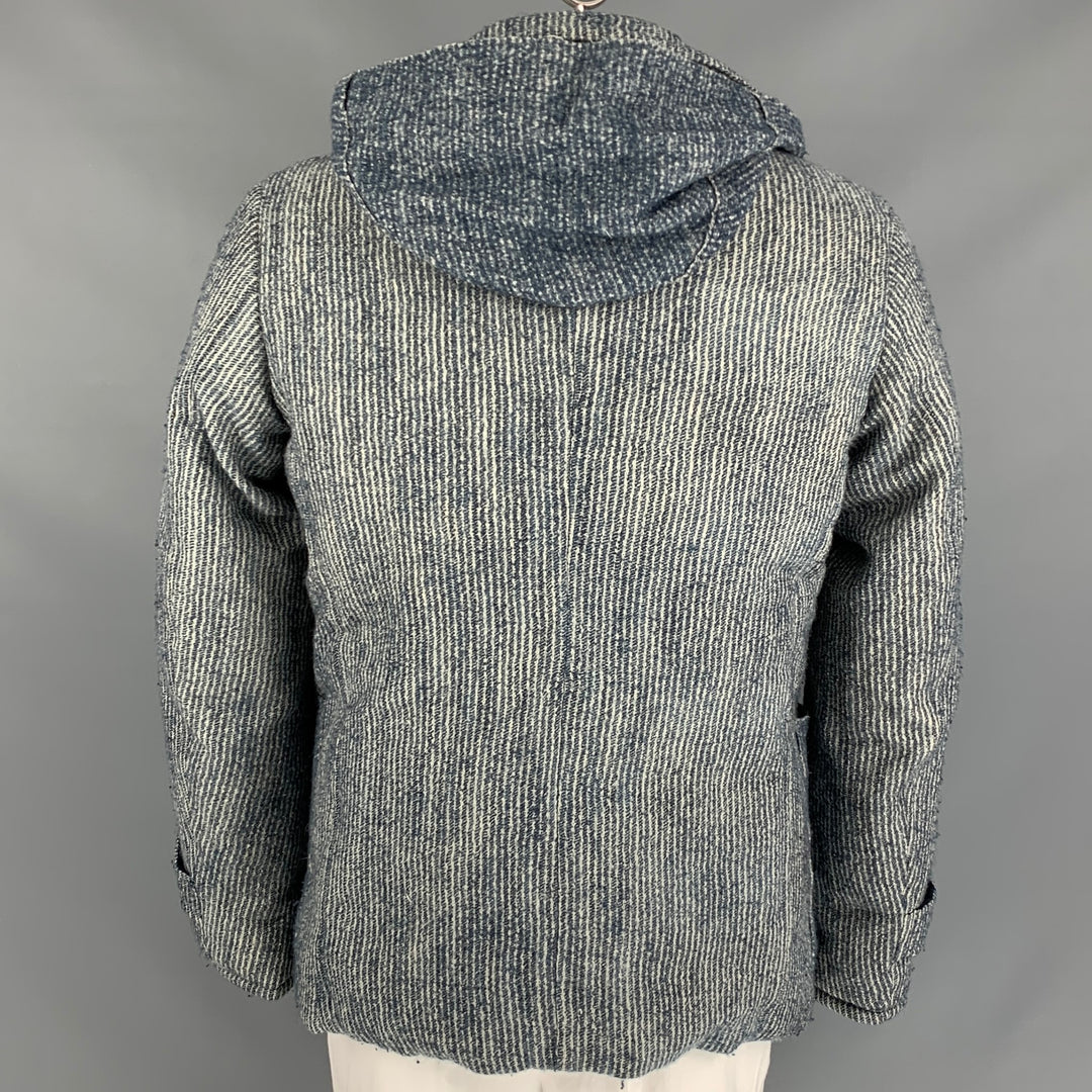 45rpm Size L Indigo & Beige Stripe Wool Down Fill Notch Lapel Coat